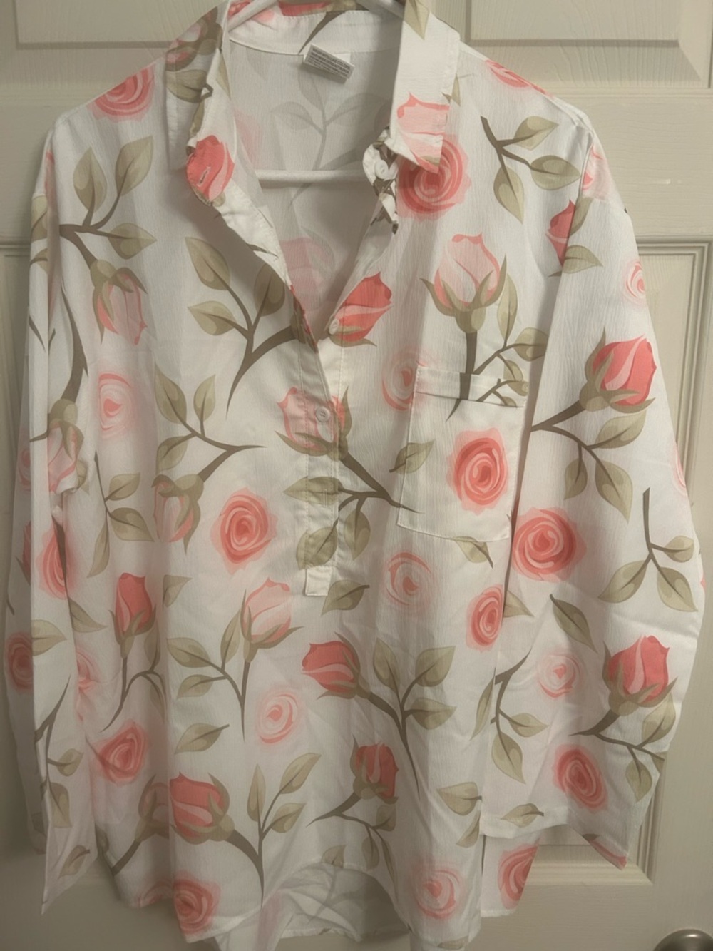 White Blouse with Pink Rose Print XL